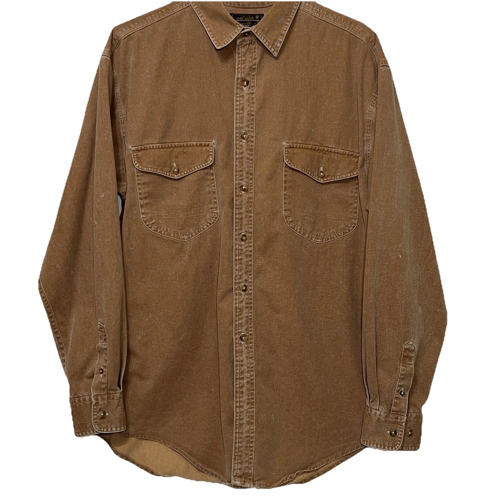 Vintage Eddie Bauer Canvas Button Long Sleeve Work Shirt Rustic Tan Men Large